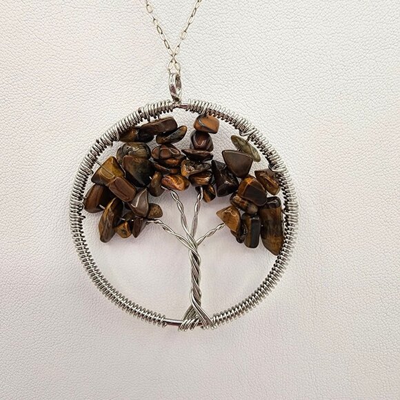 Handmade Tree Of Pendant With Tigers Eye Stones Fall Foliage Nature Lover - Picture 2 of 5